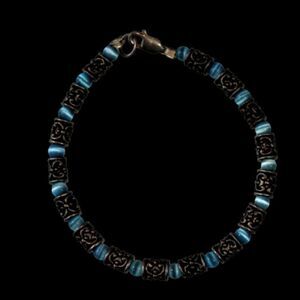Beaded Bracelet Silver Tone Cylinder Beads with Blue Glass Spacers Stackable 6"